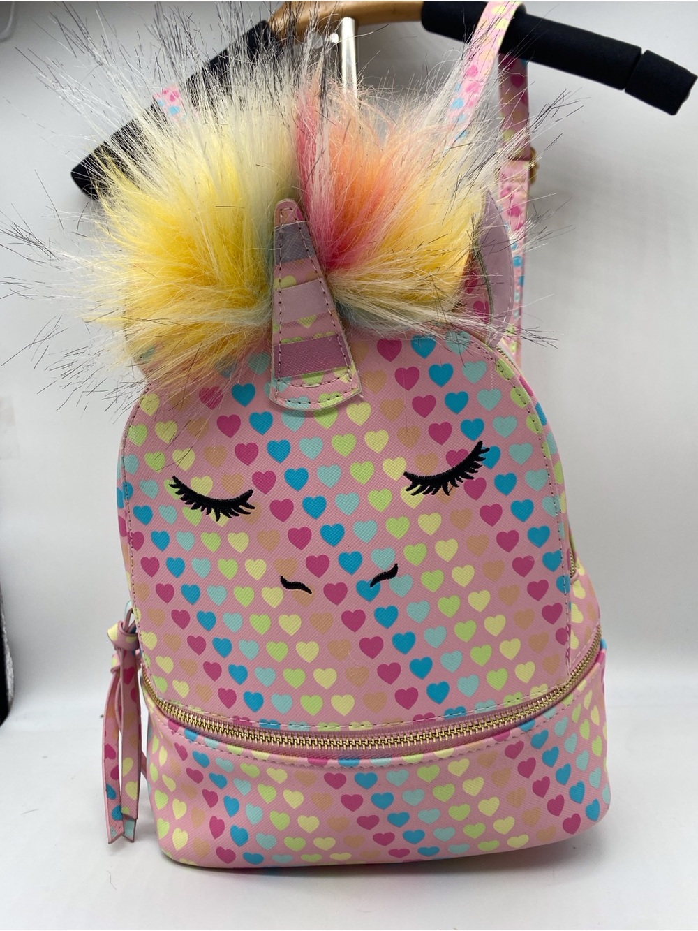 Under One Sky Pink Unicorn Heart Print Kids Backpack with Yellow-Orange Pom Poms